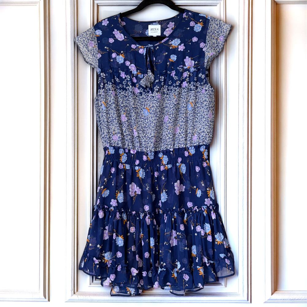 MISA Los Angeles Floral Tiered Mini Dress Blue Purple Ruffle Boho Size L